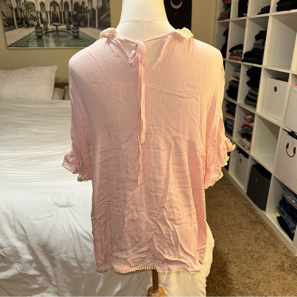 Listicle | Lace Collar High Neck Tie Back Short Sleeve Peasant Blouse - Picture 3 of 12